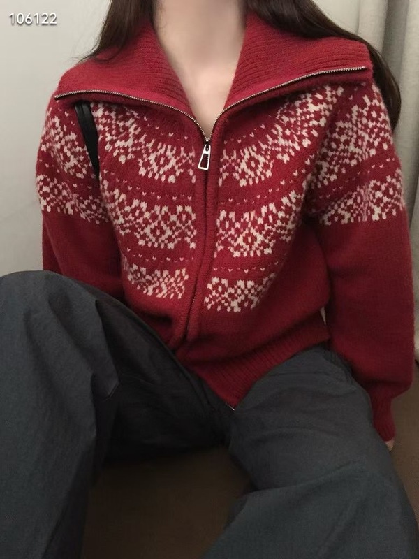 文艺复古风费尔岛提花针织开衫女秋冬新款宽松拉链毛衣外套潮 494|undefined