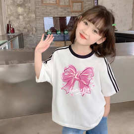 女童夏季新款纯棉童装宽松洋气中大童三条杠短袖打底半袖上衣潮流