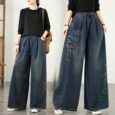 Autumn Soft Denim Retro Heavy Embroidery Ethnic Style Elastic Waist Versatile Casual Large Size Wide Leg Pants