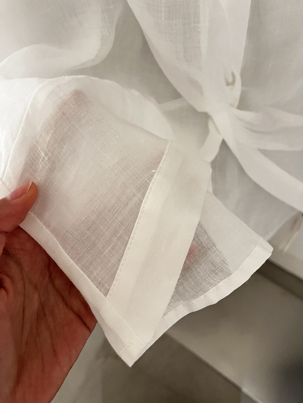 Áo sơ mi nữ dài tay cổ V chất liệu ramie thoáng mát, thiết kế nút thắt phía trước, form rộng — Xanh nước biển, màu hồng, màu cam chi tiết 15