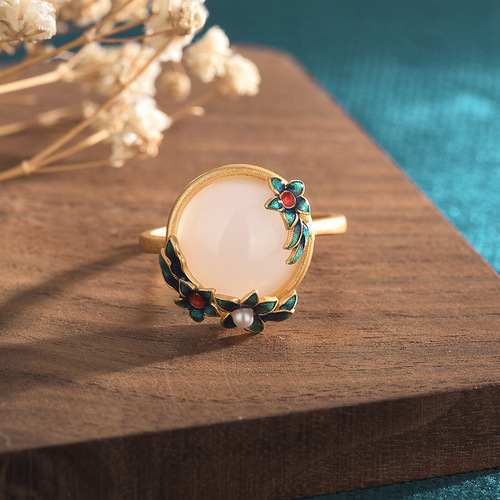 National trend cold enamel craft ancient gold imitation Hetian jade ring women's ancient Chinese style palace Hanfu cheongsam accessories