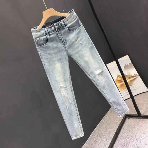 Men's Micro-Ripped Jeans Spring and Summer American Style High Street Slim-Fit Small Foot Brand All-Match High-End Cropped Pants