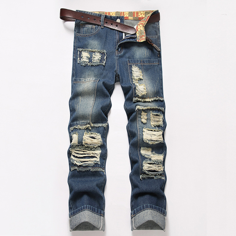 Diesel Square's New American-Style Summer Loose Straight Ripped Jeans, Yellow Mud Wash Distressed Wide-Leg Pants for Men