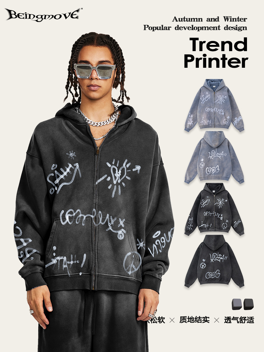 2025 marca de moda de otoño retro alta sensación graffiti de manga larga cardigan de punto de otoño chaqueta de cremallera de lana para hombres