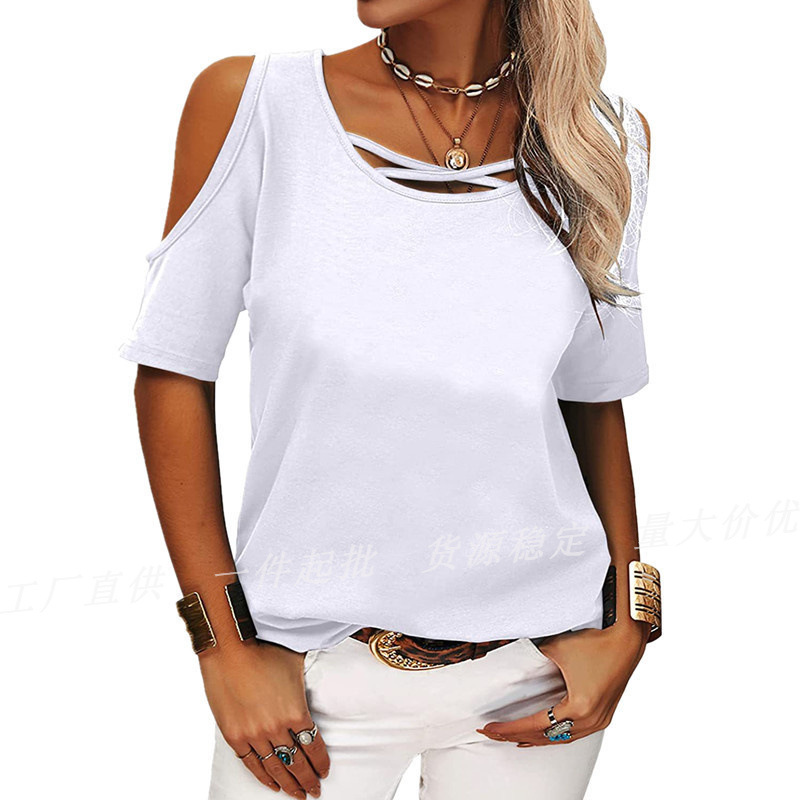 2025 Spring and Summer Casual Fashion Women's Clothing European and American Cross-Border Amazon Wish Pure Color Off-Shoulder Loose Short-Sleeved T-Shirt for Women