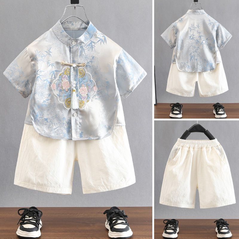 男の子の赤ちゃんハンサムな中国風の刺繍スーツ新しい中国風半袖夏唐スーツ新しいスタイルの子供のファッション子供服|undefined