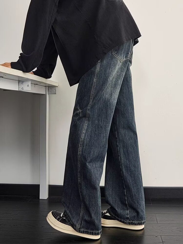 Men's Washed Vintage High Street Jeans Distressed Denim Loose Straight-Leg Fit Streetwear Style Blue S-3XL_mkmklike.com