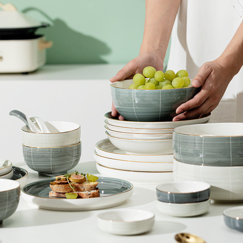 Shanensang tinta Nordic tazón y plato vajilla traje hogar plato de cerámica tazón de sopa y palillos plato de luz caja de regalo de estilo de lujo