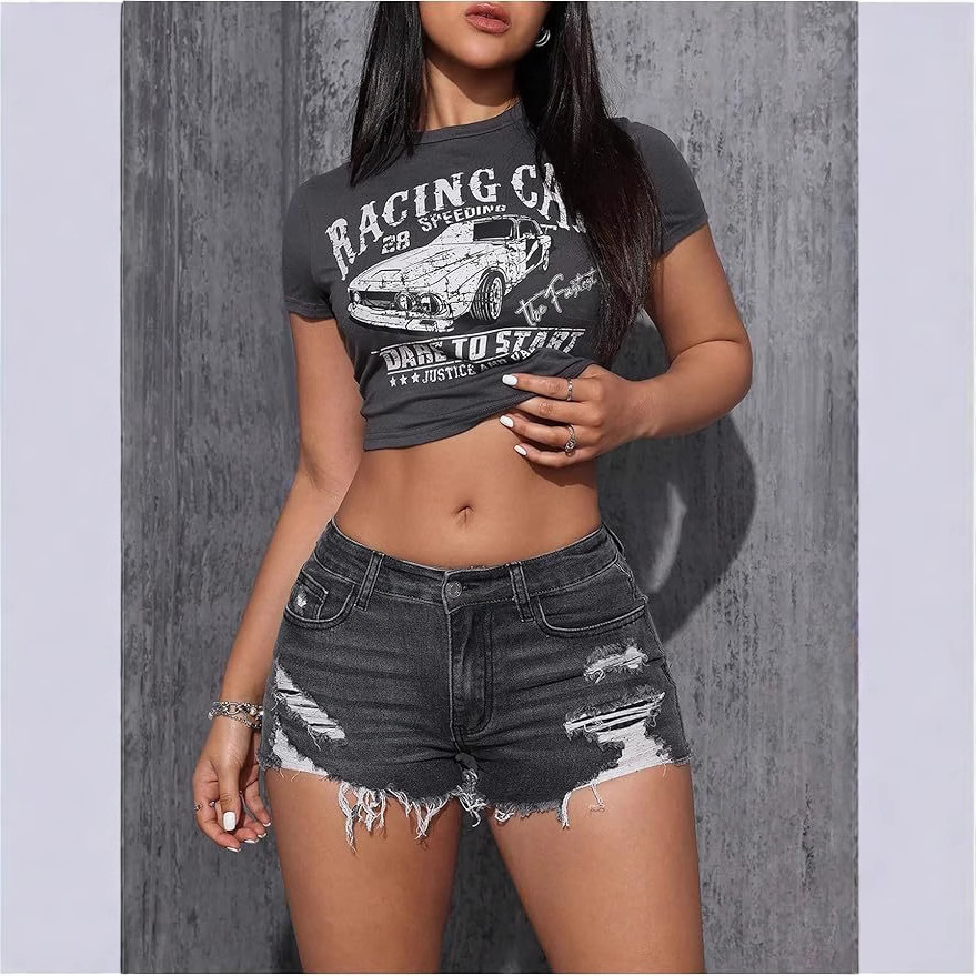 Dameskleding Damesmode Gewassen denim shorts met gaten en elastische tailleband, driepuntsbroek voor formele en casual gelegenheden voor vrouwen_voghion.com