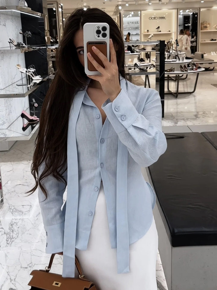 Áo sơ mi nữ dài tay cổ ve buộc nơ phối nút, form ôm vừa vặn — Trắng, hồng, màu xanh nhạt, đen chi tiết 18