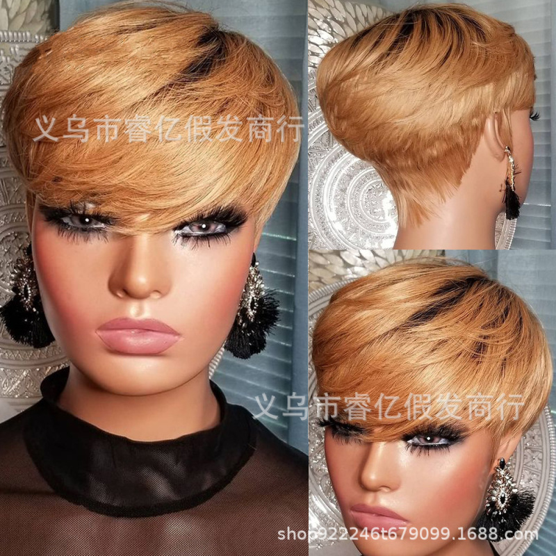 Independent website New European and American wig oblique bangs mixed color golden short straight hair fluffy short hair wholesale generation