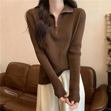 秋冬季新款翻领长袖打底针织衫上衣洋气法式高级感拉链毛衣女内搭
