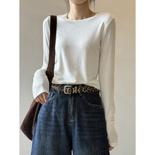 言双 韩版圆领纯色T恤女 秋季套头修身显瘦简约长袖打底衫 82651