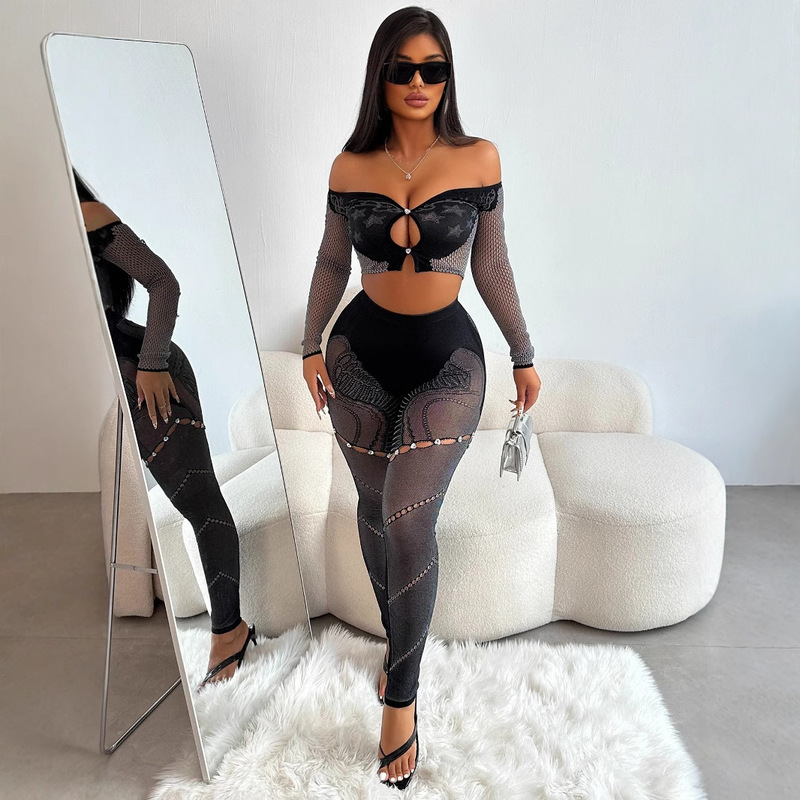 European and American 2025 Women's Pure Color Seamed One-Shoulder Long-Sleeved Crop Top Slim Pants Knitted Casual Suit Sexy