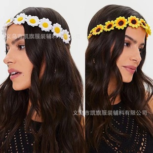 Hawaii Travel Headband with 11 Korean Velvet Woven Daisy Garlands, Pastoral Sunflower Decoration, 2024 New Model