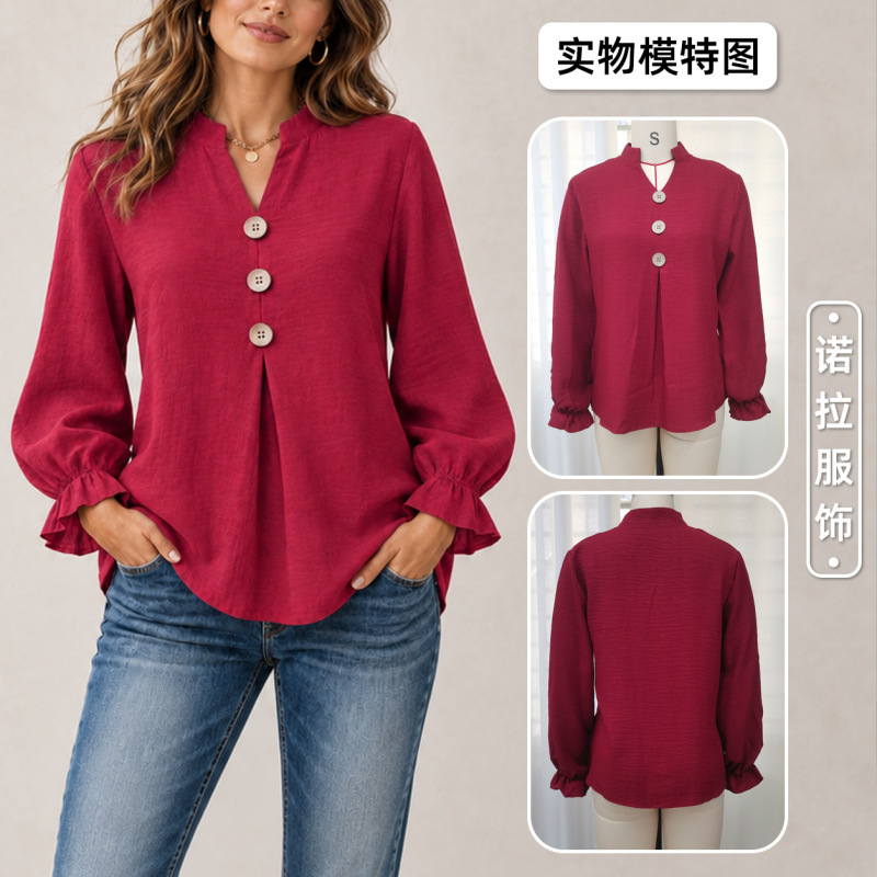 European and American Cross-Border Amazon Tk New Women's Fashion Autumn and Winter Long-Sleeve V-Neck Solid Color Button-Up Top European and American Cross-Border Amazon Tk New Women's Fashion Autumn and Winter Long-Sleeve V-Neck Solid Color Button-Up Top