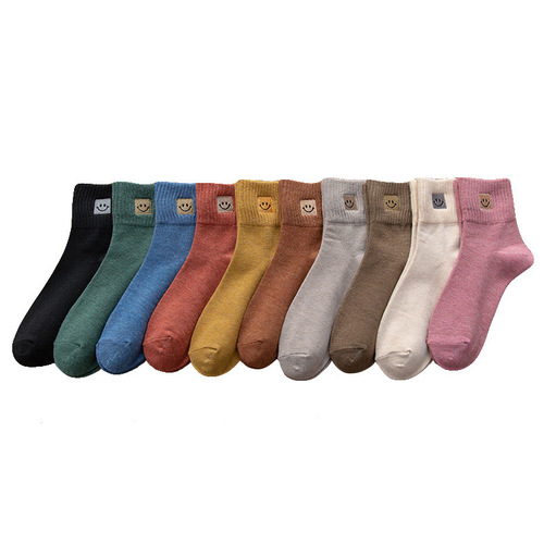 Socks Women's Spring and Autumn Cotton Socks Mid-Tube Socks Japanese Simple Socks Embroidered Smiley Face Versatile Cotton Socks Zhuji Socks Wholesale