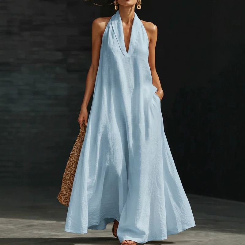 European and American Cross-Border New Model 2026 Summer Women's Casual Solid Color V-Neck Dress Amazon Tiktok New Product