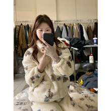 毛绒可爱少女蝴蝶结小熊印花珊瑚绒睡衣女秋冬季保暖家居服套装冬