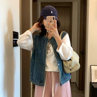 双天2026初秋新款大码胖mm女装200斤设计感复古无袖牛仔马甲YC595