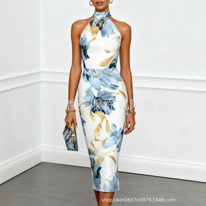 New Cross-Border Foreign Trade European and American Women's Fashion Elegant Floral Print Off-Shoulder Sleeveless Mid-Length Slim-Fit Dress for Women New Cross-Border Foreign Trade European and American Women's Fashion Elegant Floral Print Off-Shoulder Sleeveless Mid-Length Slim-Fit Dress for Women