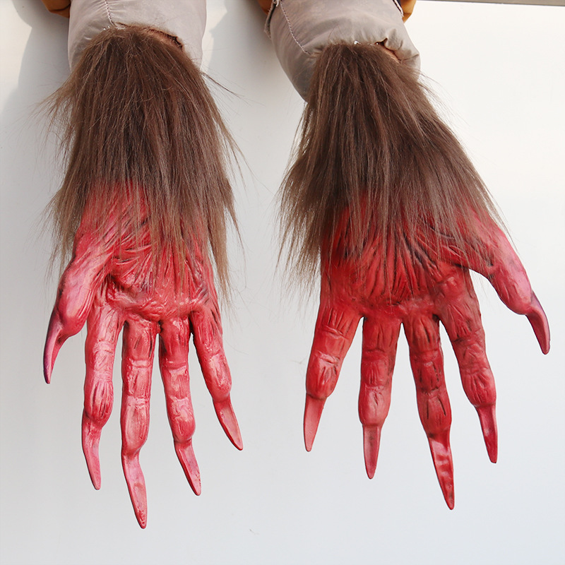 Gants de loup-garou Cosplay Halloween avec griffes de fantôme en fourrure Costume de personnage drôle d'Halloween griffes maison hantée accessoires d'horreur effrayants_voghion.com