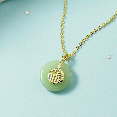  retro fashion temperament versatile safe buckle with blessing word Hetian jade pendant titanium steel necklace clavicle chain for women trend