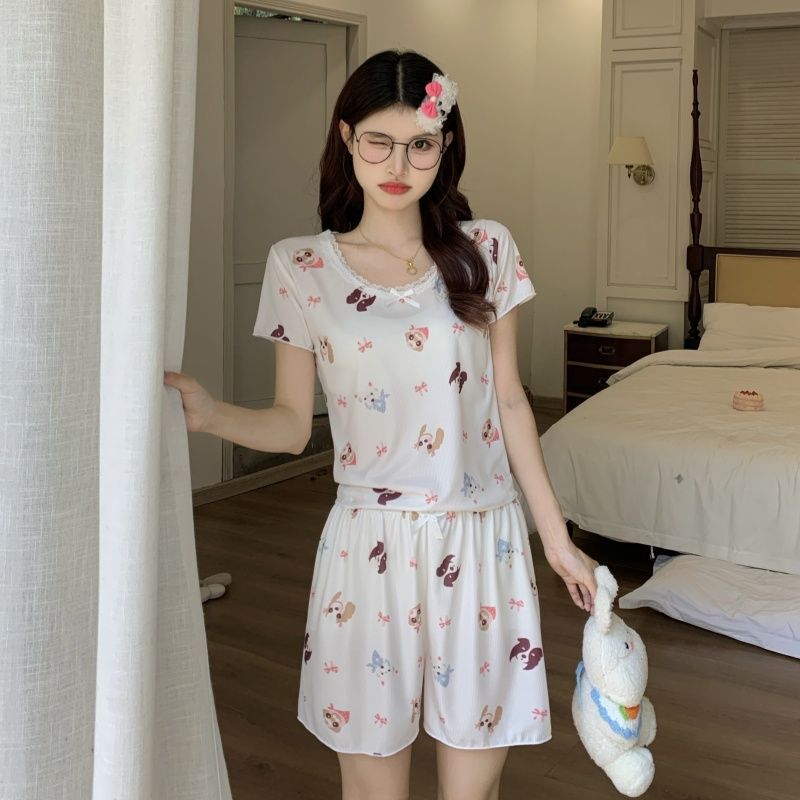 Pantalones cortos de manga corta con hilo de seda de hielo de verano al por mayor transfronterizo lindo encaje de dibujos animados coreanos ropa de hogar fresca pijamas mujeres