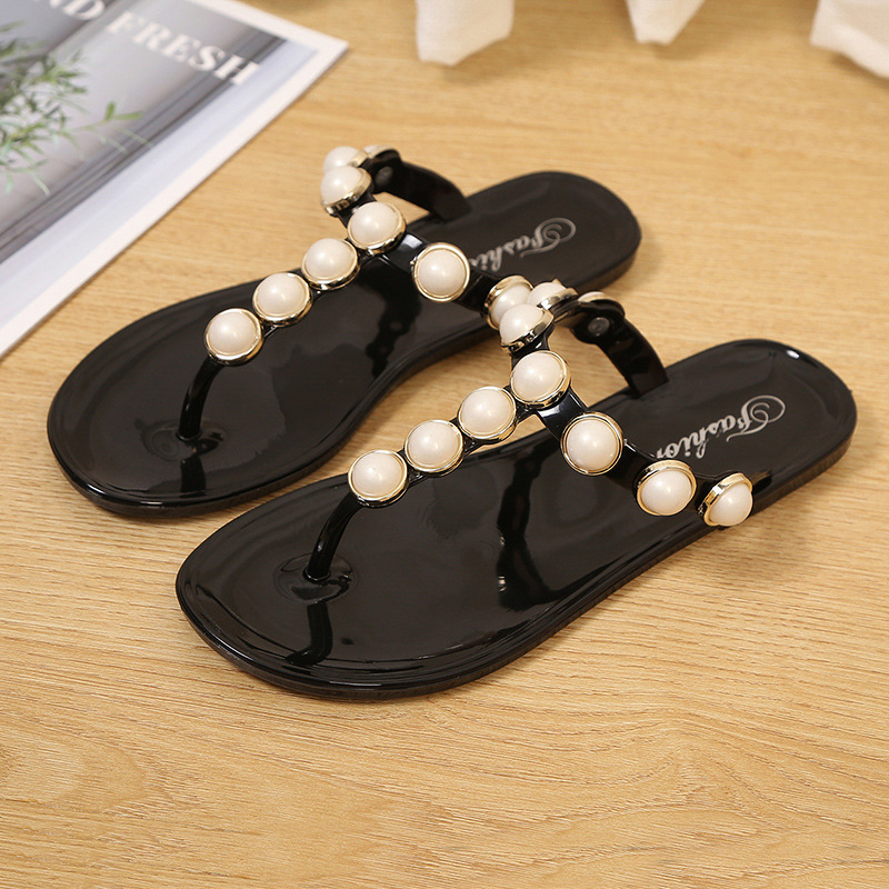 Chanclas de las mujeres de verano simple plana celebridad de Internet flip-flops zapatillas de mujer perla decoración popular chanclas