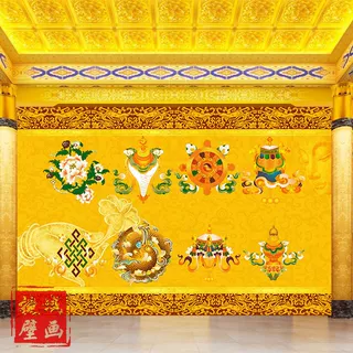 吉祥八宝图壁纸背景墙电视墙藏族特色壁画沙发藏式唐卡墙纸