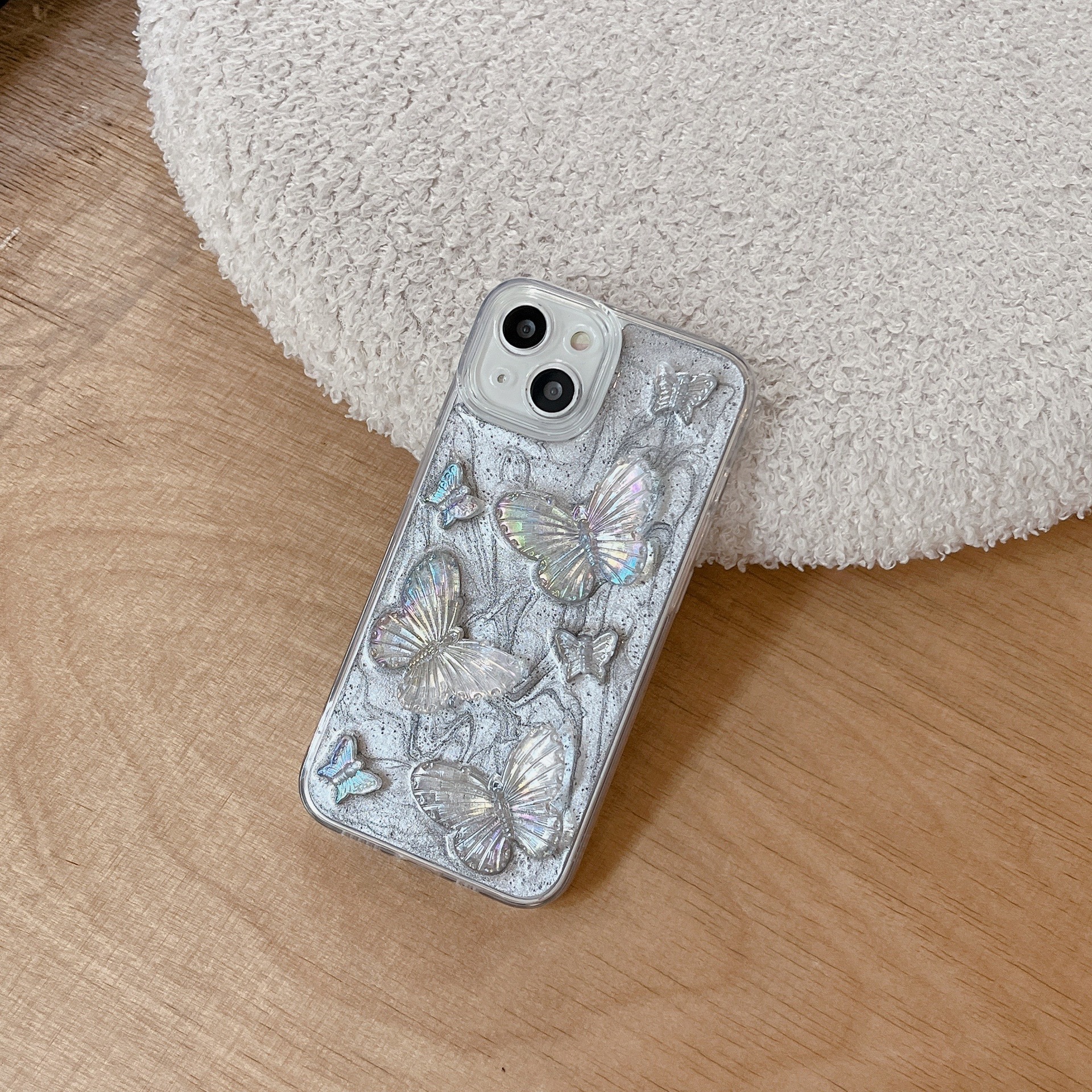 New Drip Glue Suitable for Apple 14 Phone Girl iPhone 13 Silver Grey Butterfly Fall Protection Case Creative XR_voghion.com