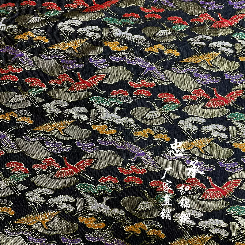 金线色织布料包装时装布设计师款出口锦缎面料五颜六色仙鹤祥云图