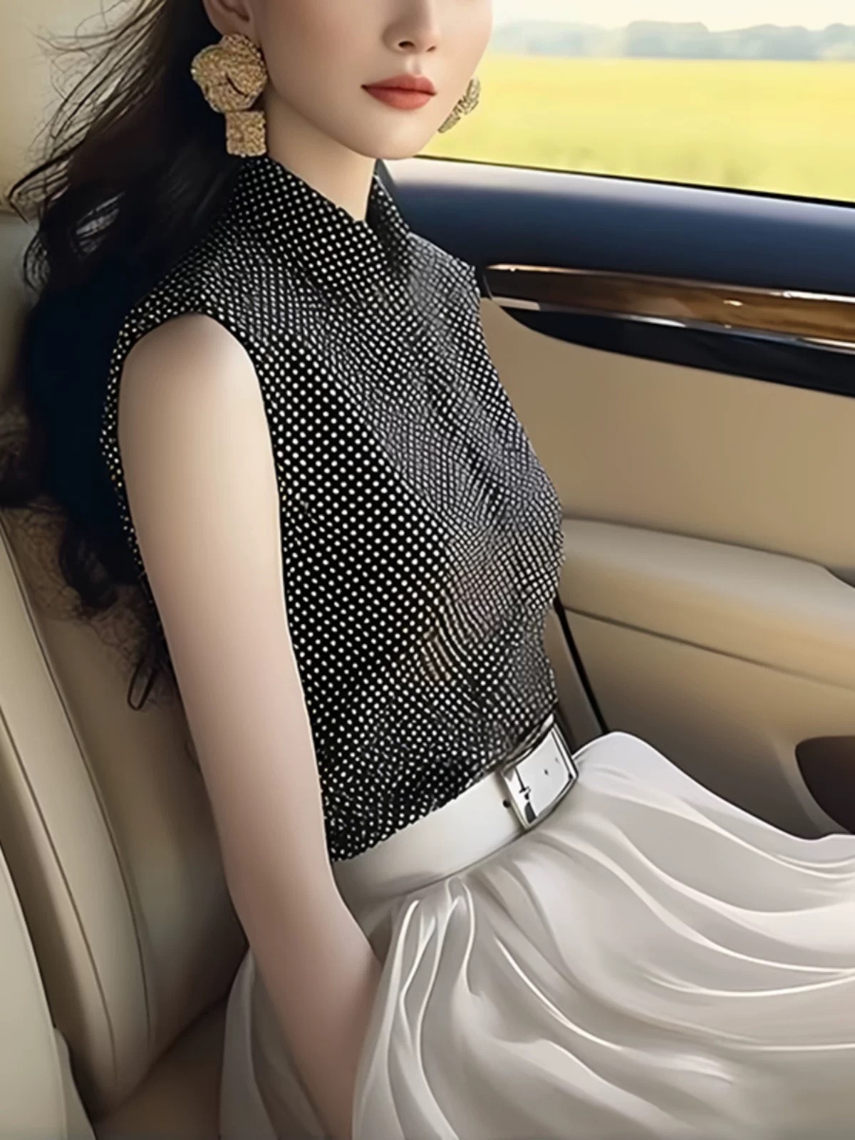 Áo sơ mi không tay nữ kiểu Pháp chấm bi đen ôm nhẹ — màu đen