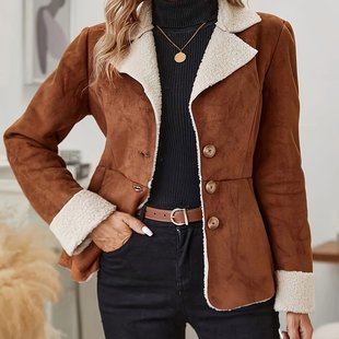 2024 Autumn/Winter Amazon Cross-Border New Casual Cold-Proof Warm Fur-Lined One-Piece Lapel Vintage Jacket Suede