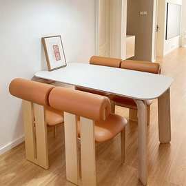 实木岩板餐桌小户型家用饭桌现代简约椭圆形原木色北欧风桌椅组合
