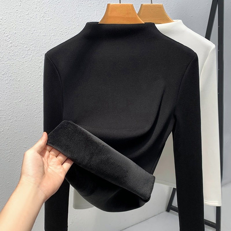 Camiseta de cuello medio alto para mujer, novedad de 2024, ropa de mujer, color sólido, acanalada, con forro polar integrado, capa interior cálida, top grueso con forro polar