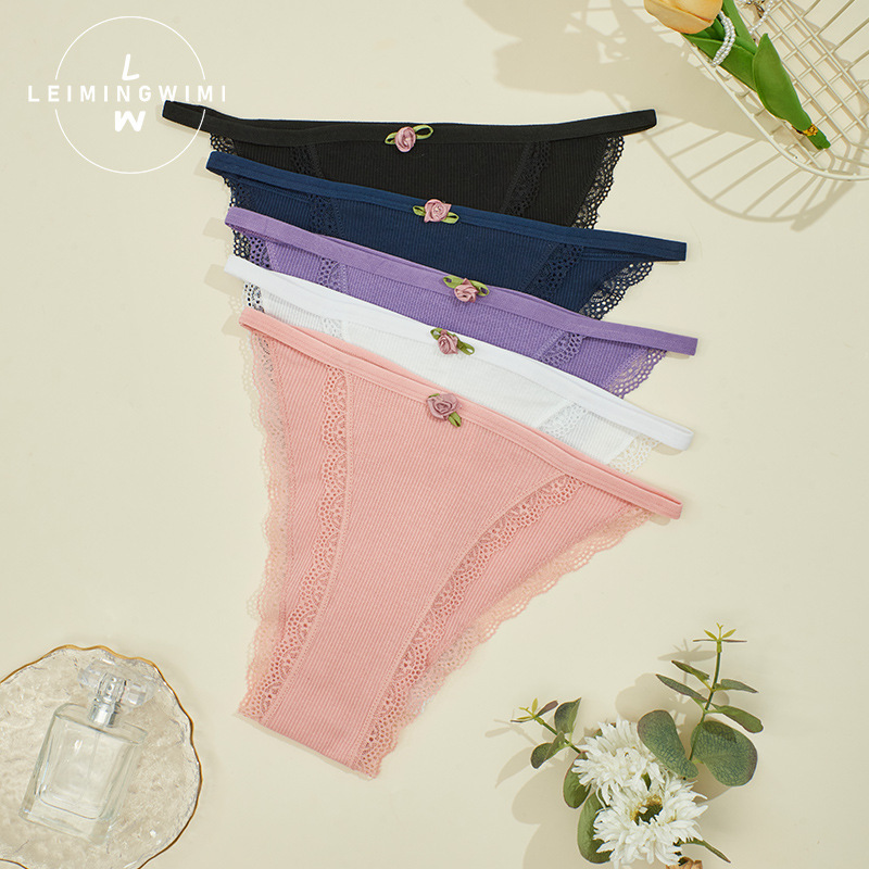 Solid color thong women's sexy charming lace cotton underwear comfortable breathable seamless ladies underwear cross-border