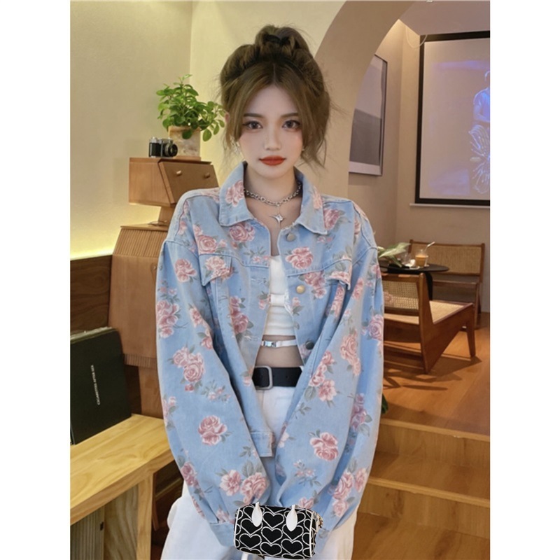 牛仔外套女年新款时尚短款百搭外衣设计感小众印花玫瑰花夹克|undefined
