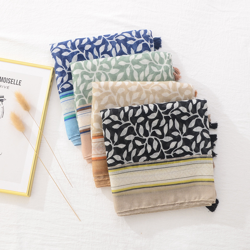 Retro artístico primavera y verano bufanda delgada de las mujeres largo protector solar planta mantón hojas de uva algodón y lino sensación bufanda