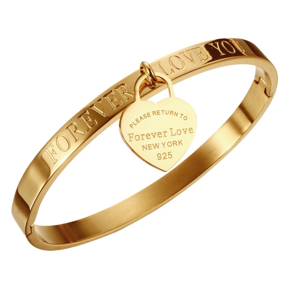 Pulsera de acero inoxidable de comercio exterior exquisita Forever love melocotón corazón colgante mujer pulsera de acero de titanio joyería de oro rosa