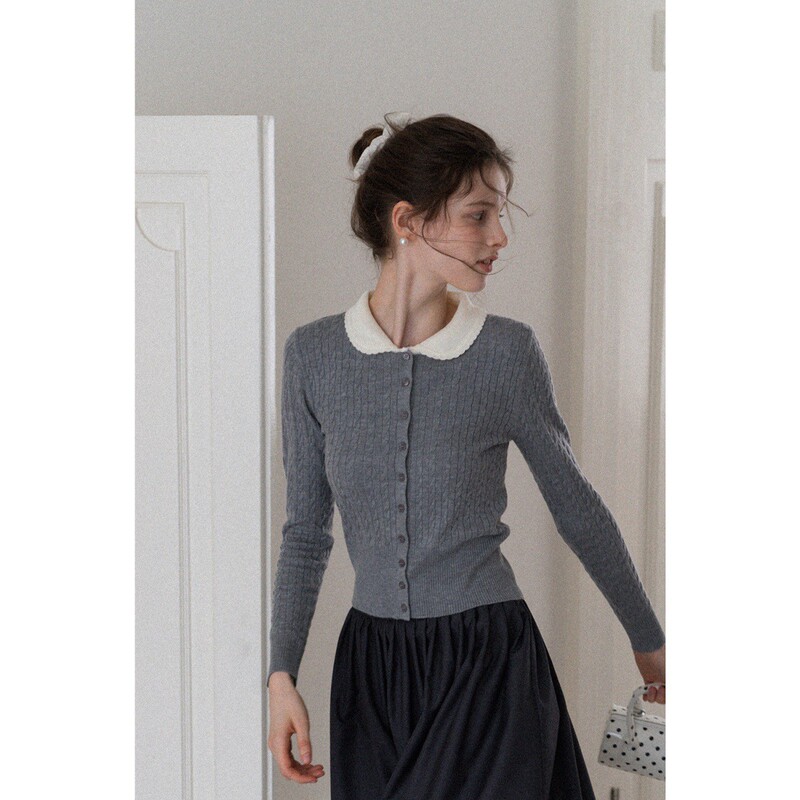 Eggka Doll Collar Twist Slim Short Knitwear Women's Early Autumn Cardigan Right Shoulder Elegant Slim Long-Sleeved Top Eggka Doll Collar Twist Slim Short Knitwear Women's Early Autumn Cardigan Right Shoulder Elegant Slim Long-Sleeved Top