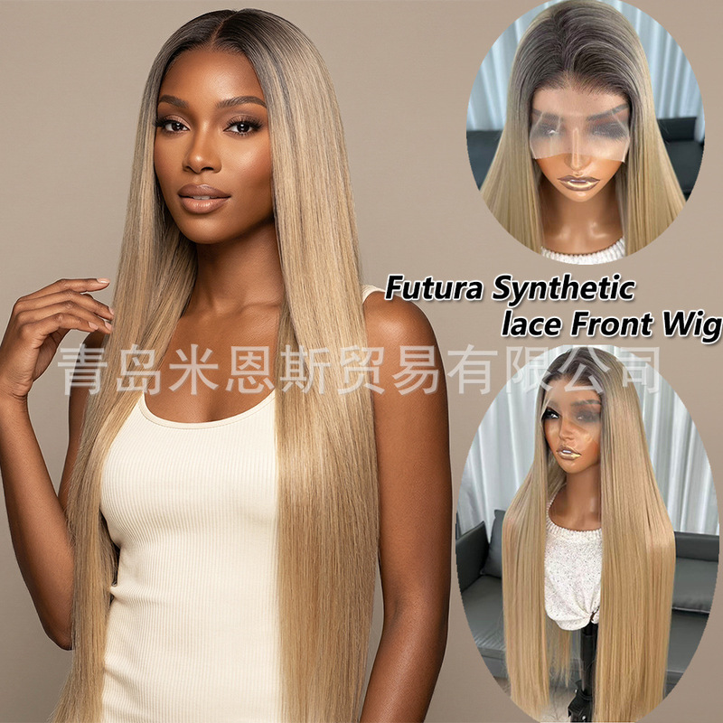 African Wig with Gold Lace Front 30inch Women's Long Straight Hair High-End Japanese Silk Chemical Fiber Wig