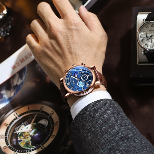 Morning sun, moon and stars multifunctional fashionable men's watch luminous moon phase chronograph calendar foreign trade cross-border quartz watch for men
