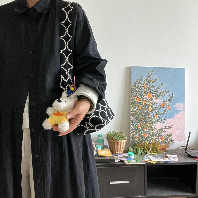 Japanese-Style Small Hobo Ajima Ming Style Black and White Circle Cotton and Linen Heavy Embroidery Shoulder Bag Handbag Mini Underarm Bag