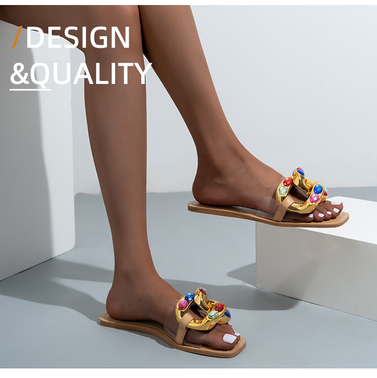 Ciabatte Cross Border Nuovi sandali piatti da donna con strass color caramello Pantofole trasparenti con fibbia in metallo moda femminile_voghion.com