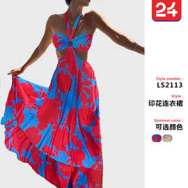 2025新款新吊带双色连衣裙 波西米亚礼服亚马逊印花V领无袖连衣裙