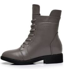 秋季新款真皮平底短靴子平跟系带中筒女靴红色马丁靴软底单靴成年