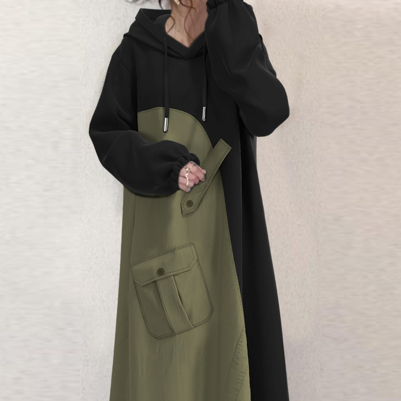 跨境外贸日系宽松大码黑色连帽拼接卫衣连衣裙女春秋设计感长裙子|undefined