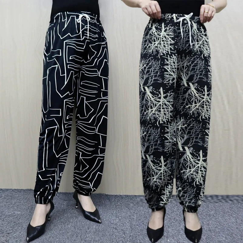 Средние и пожилые мамы брюки Летние тонкие ледяные шелковые фонарные брюки свободные повседневные летние тонкие свободные цветочные брюки