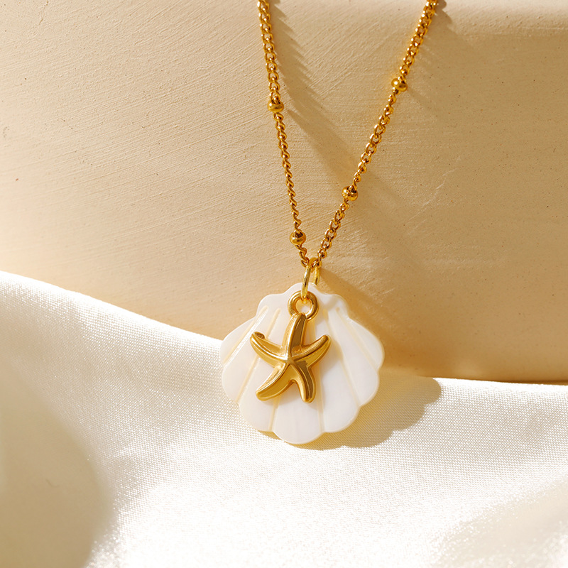 304 Stainless Steel Material Wholesale Jewelry Vintage Style Classic Style Starfish Conch Hippocampus 304 Stainless Steel Plating Pendant Necklace O-shaped Chain